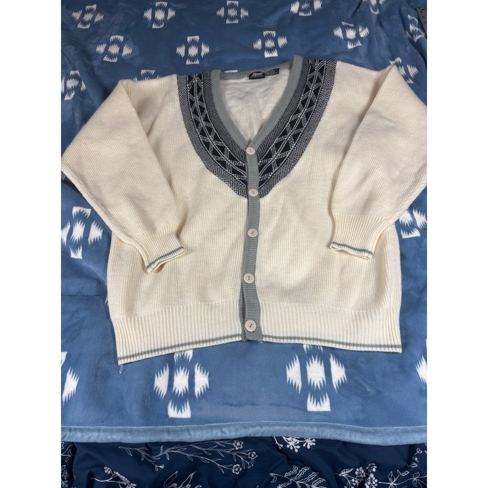 Vintage Impact Mens Cream Grey Geometric V-Neck Button Cardigan Sweater Large